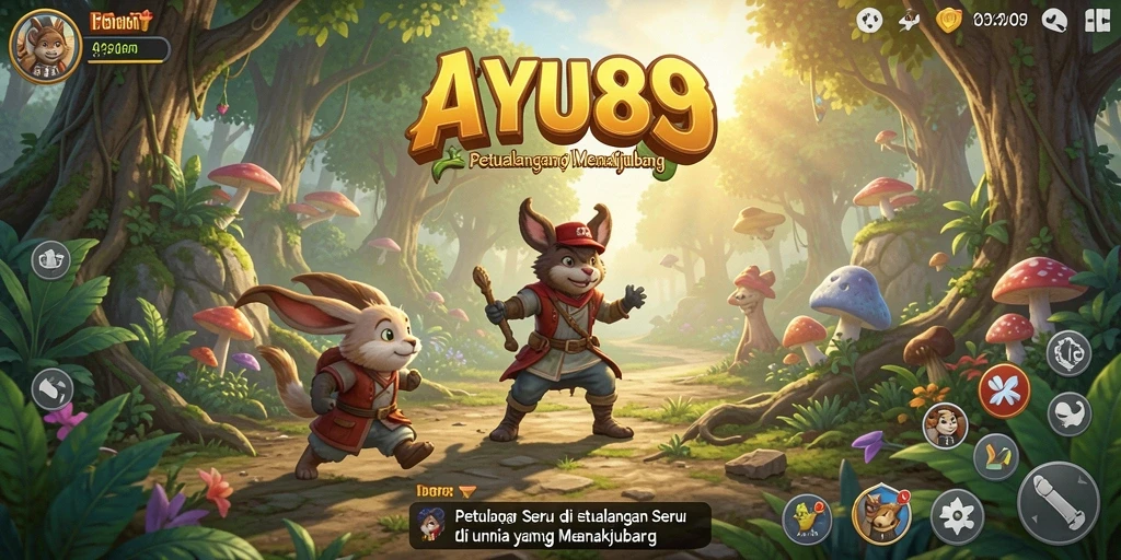 Screenshot AYU89 menunjukkan karakter utama menjelajahi hutan yang lebat.