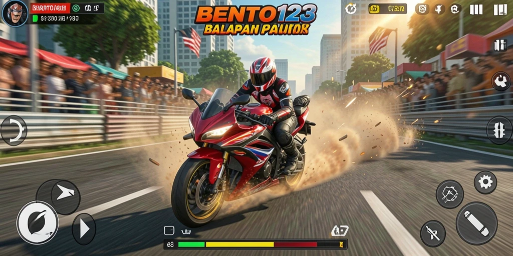 Tampilan gameplay BENTO123 dengan aksi balapan motor yang mendebarkan.