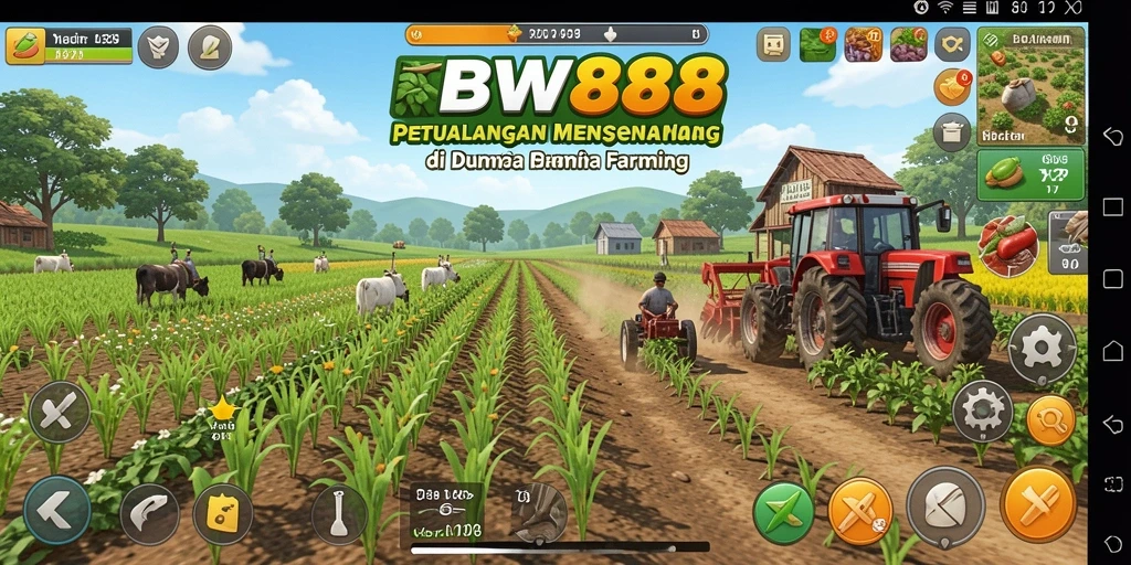 Screenshot BW888 menampilkan ladang subur dengan berbagai tanaman yang bersinar.