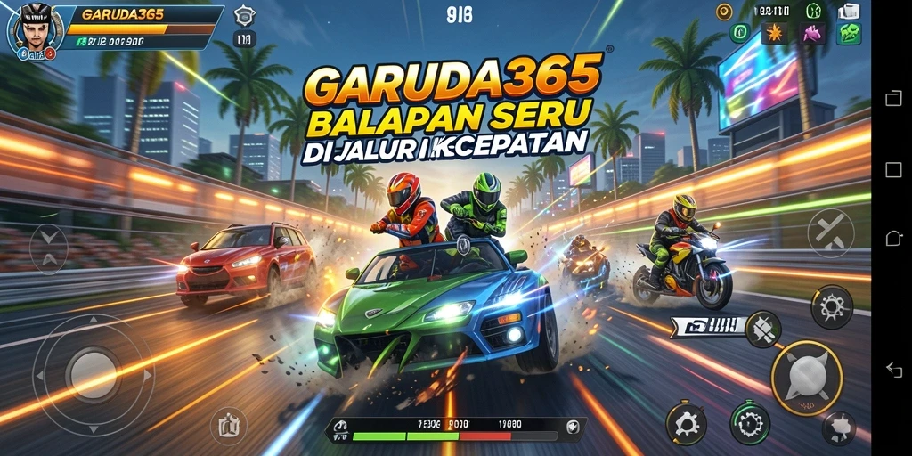 Screenshot gameplay GARUDA365 yang menampilkan aksi balapan penuh kecepatan.